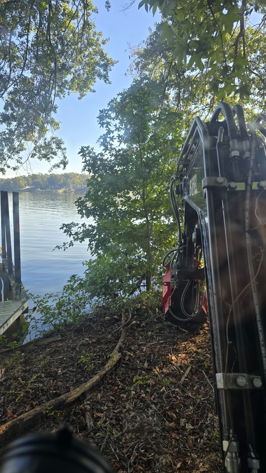 Henson Land Management excavator forestry mulching beside a lakeside dock